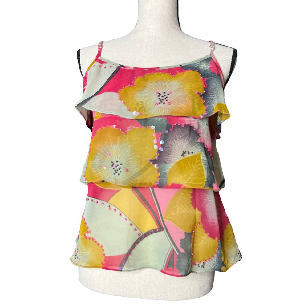 Floral Tiered Spaghetti Strap Blouse - Pink & Yellow